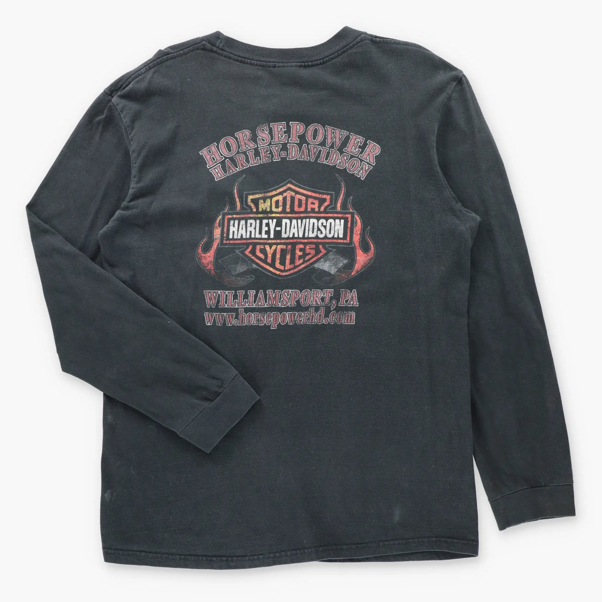 Vintage HARLEY DAVIDSON Horsepower Snarling Wolf & Motorcycles Front Pocket Long Sleeve Tee (L)