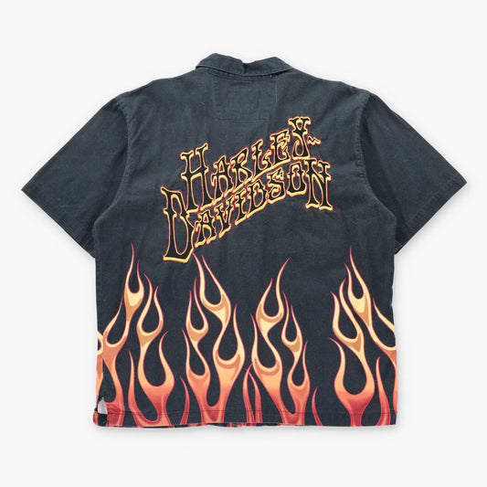 Vintage HARLEY DAVIDSON Double Pocket Embroidered Spell Out Logo Button Up Flames Shirt (L-XL)