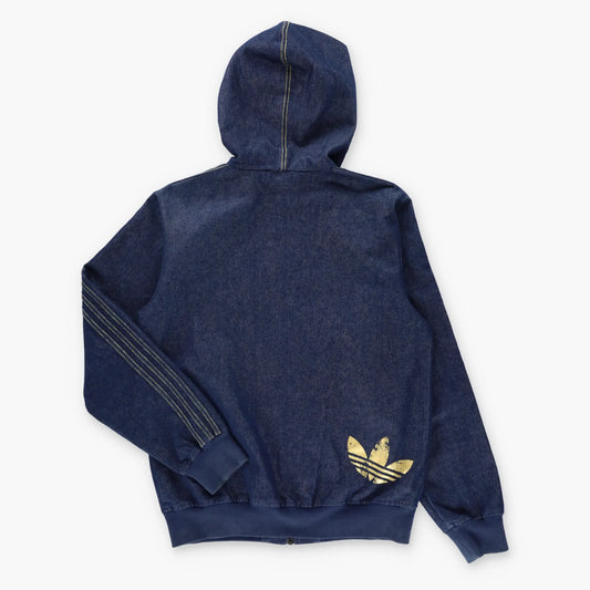 Vintage ADIDAS Gold Foil & Embroidered Logo Retro Blue Denim Hooded Jacket (S)