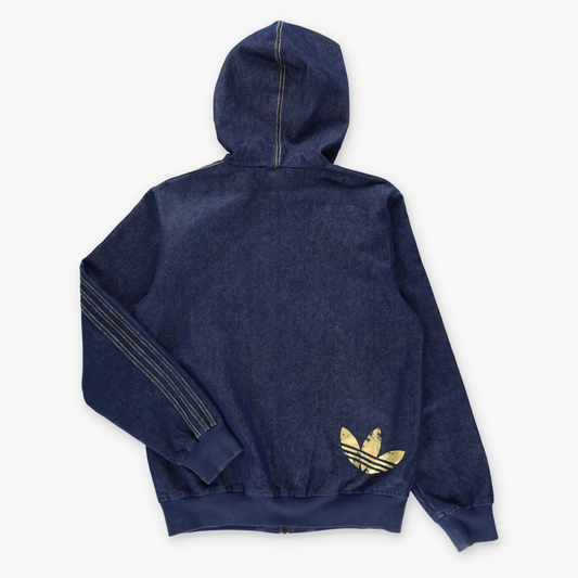 Vintage ADIDAS Gold Foil & Embroidered Logo Retro Blue Denim Hooded Jacket (S) Vintage Sole Melbourne