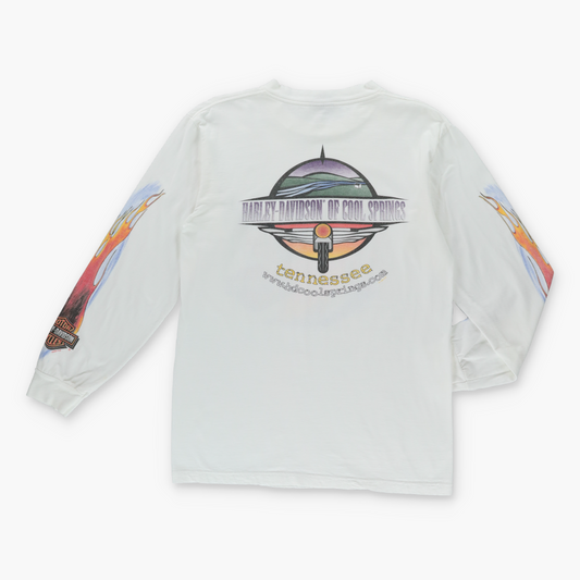 Vintage 1998 HARLEY DAVIDSON Eagle Flame Motorcycle White Long Sleeve T-Shirt (M) Vintage Sole Melbourne