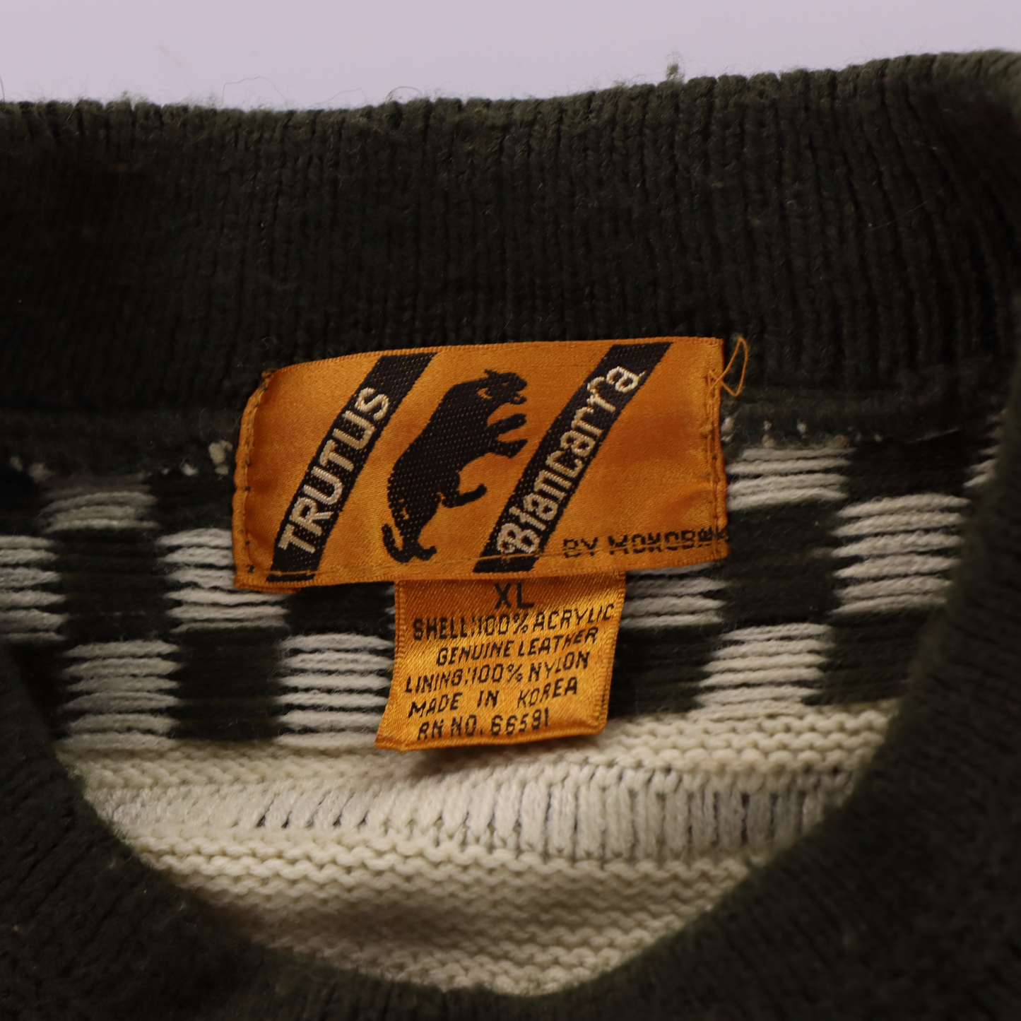 TRUTUS BIANCARRA Coogi Style Leather & Knit Korean Made Green Sweater (XL)