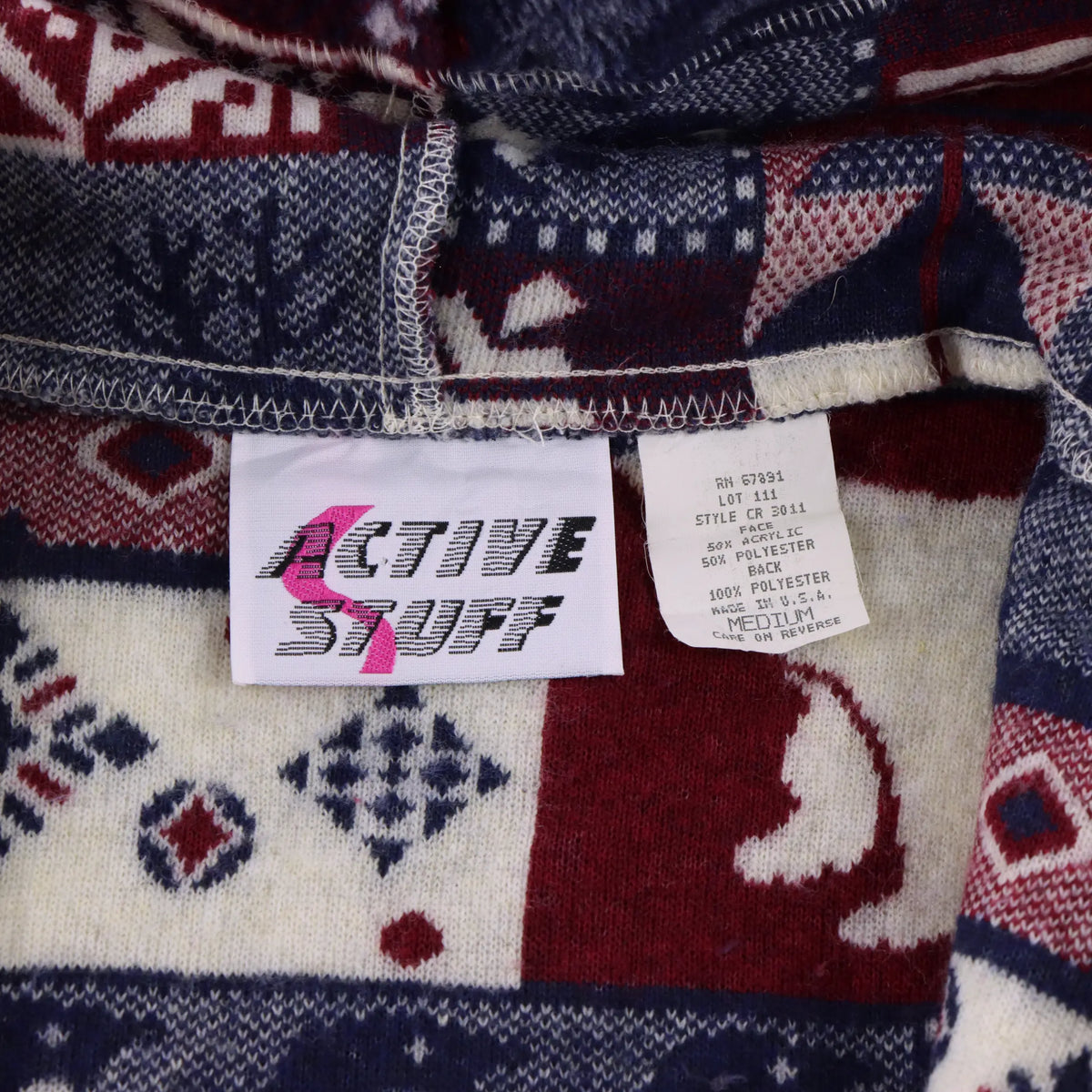 Geometric Winter Collage USA Made ACTIVE STUFF Blue & Red Fleece Hoodie Jacket (M) Vintage Sole Melbourne