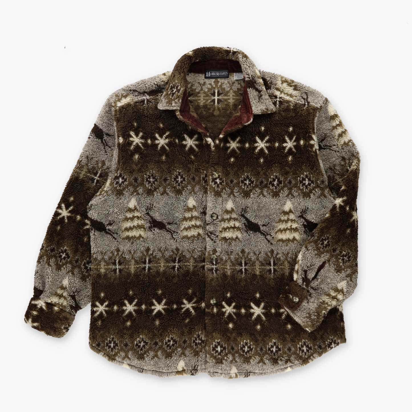 Brown Leaping Deer & Pines HIKERS HAVEN Brown Button Up Fleece Jacket (XL)