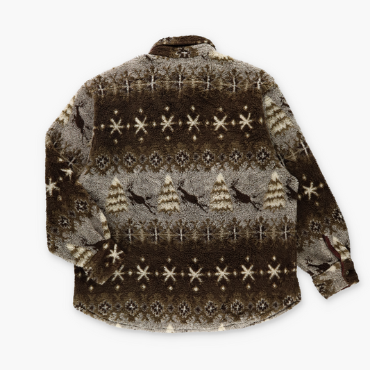 Brown Leaping Deer & Pines HIKERS HAVEN Brown Button Up Fleece Jacket (XL)