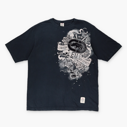 ECKO UNLTD Y2K 'Crush, Destroy' Velour Logo Skull Black & White Tee (XX)