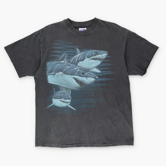 Vintage Shark Ocean Two Sided Faded USA Made Single Stitch T Shirt (L)