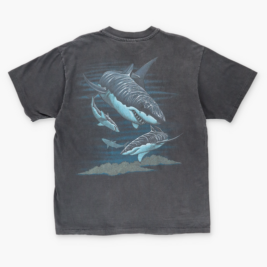 Vintage Shark Ocean Two Sided Faded USA Made Single Stitch T Shirt (L)