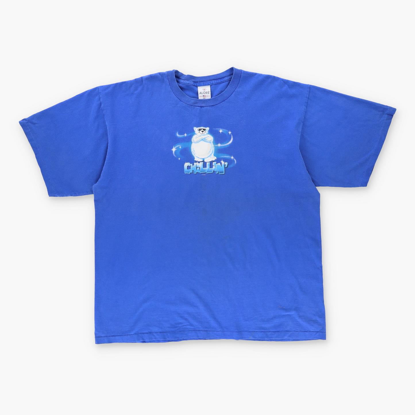 Y2K 'Chillin' Polar Bear Glitter Print USA Made Blue Tee (XXL)