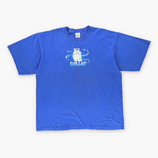Y2K 'Chillin' Polar Bear Glitter Print USA Made Blue Tee (XXL)