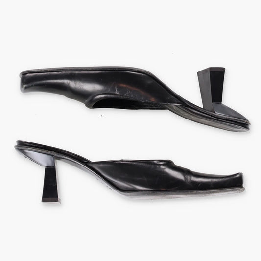 PRADA Mirror Heel Square Toe Black Leather Mule Heels (39.5) - Vintage Sole Melbourne