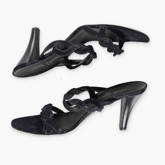 LOUIS VUITTON Braided Monogram Italy Made Black Heels (38.5) - Vintage Sole Melbourne