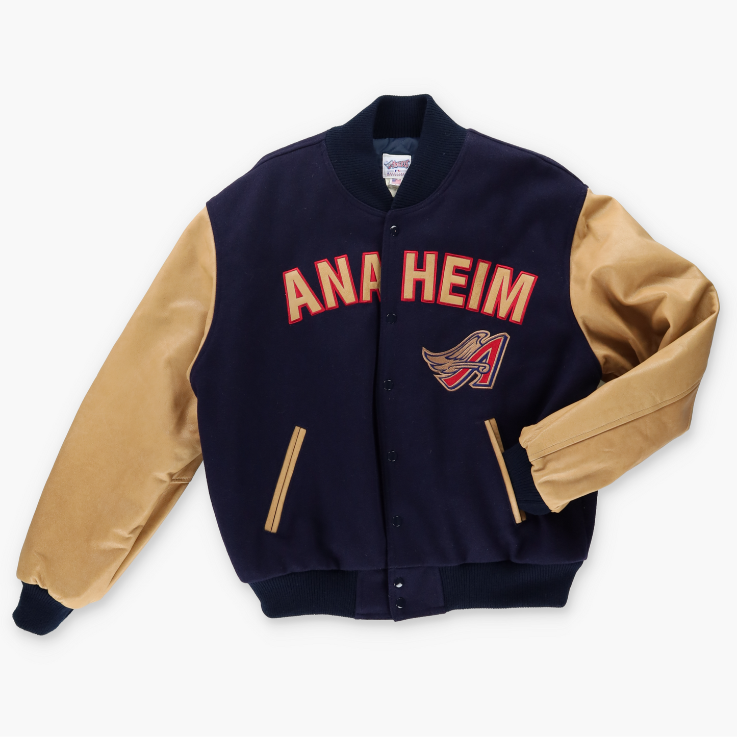 MLB ANAHEIM ANGELS Leather Sleeve Navy & Tan Baseball Varsity Jacket (L-XL)