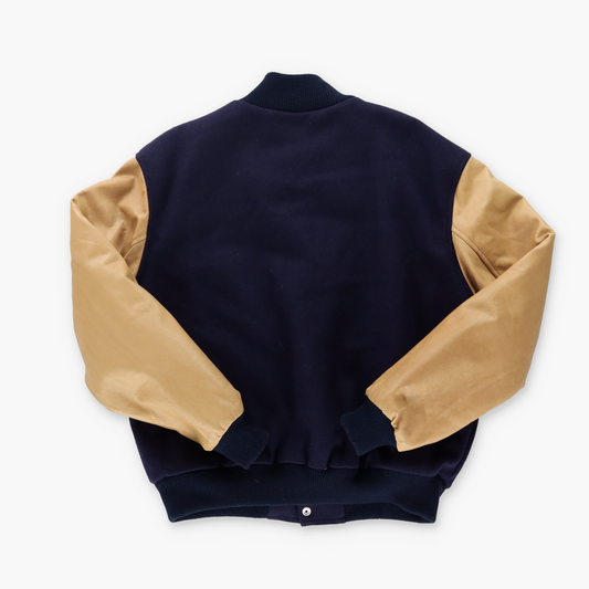 MLB ANAHEIM ANGELS Leather Sleeve Navy & Tan Baseball Varsity Jacket (L-XL)