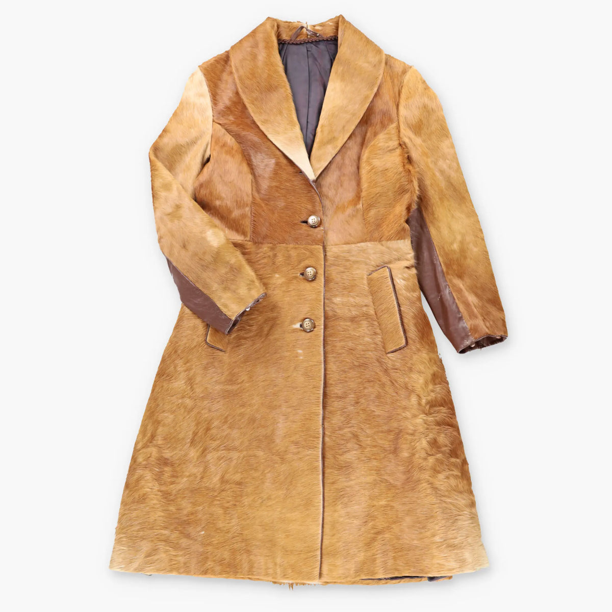 Vintage Light Brown Pony Hair Leather Side Pleat Long Coat (M) ***COCO Vintage Sole Melbourne