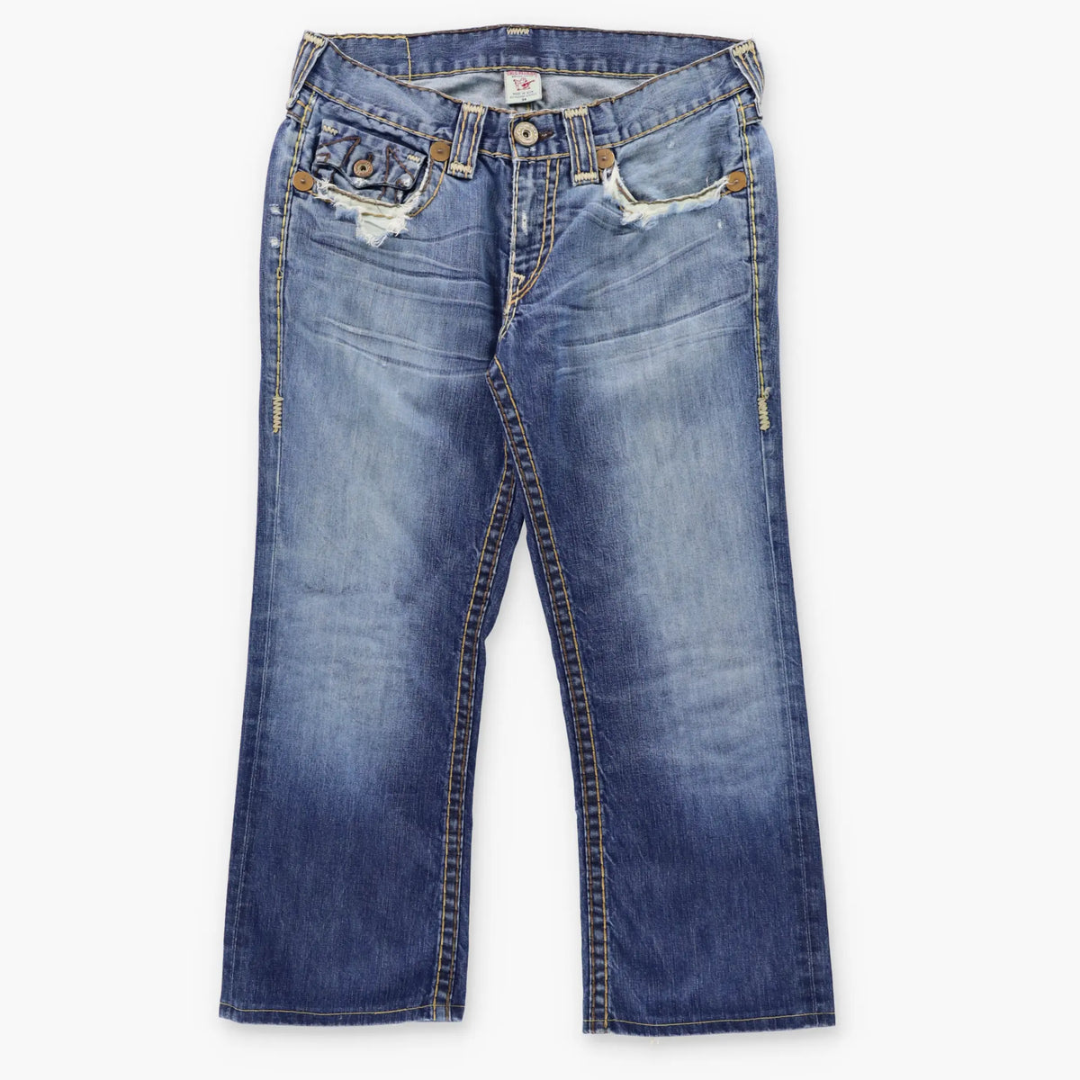 Vintage TRUE RELIGION 'Billy Super T' USA Made Blue Distressed Bootcut Jeans (34) ***COCO Vintage Sole Melbourne
