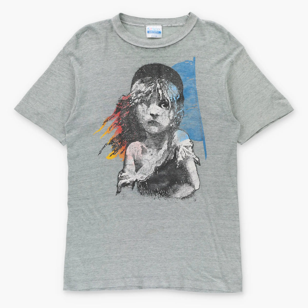 Vintage 1986 LES MISERABLES Cosette French Flag Illustration USA Made Single Stitch Grey Musical Tee (S TALL) ***COCO Vintage Sole Melbourne