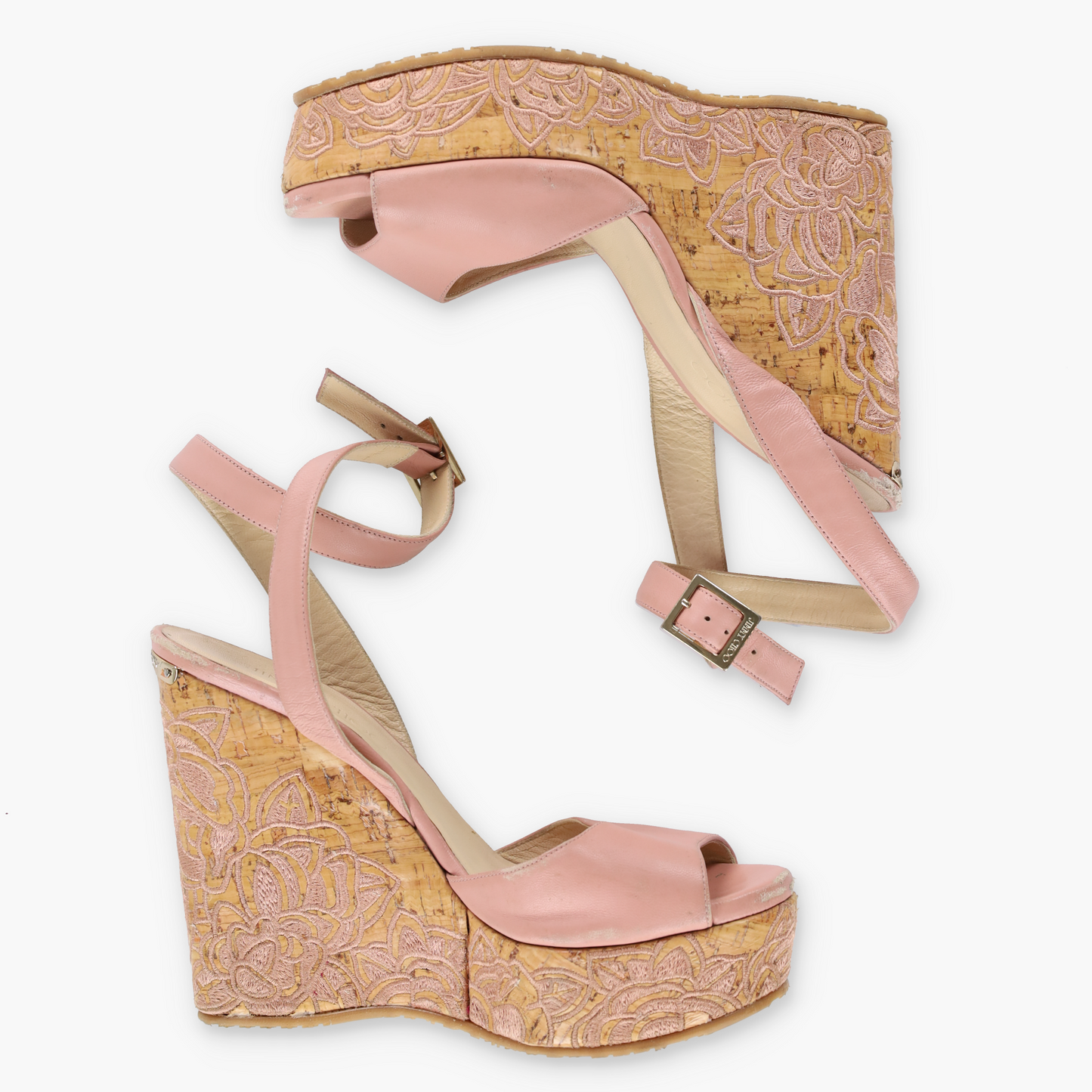 JIMMY CHOO Blush Pink Floral Design Embroidered Cork Wedge Sandals Spanish Made (38.5)