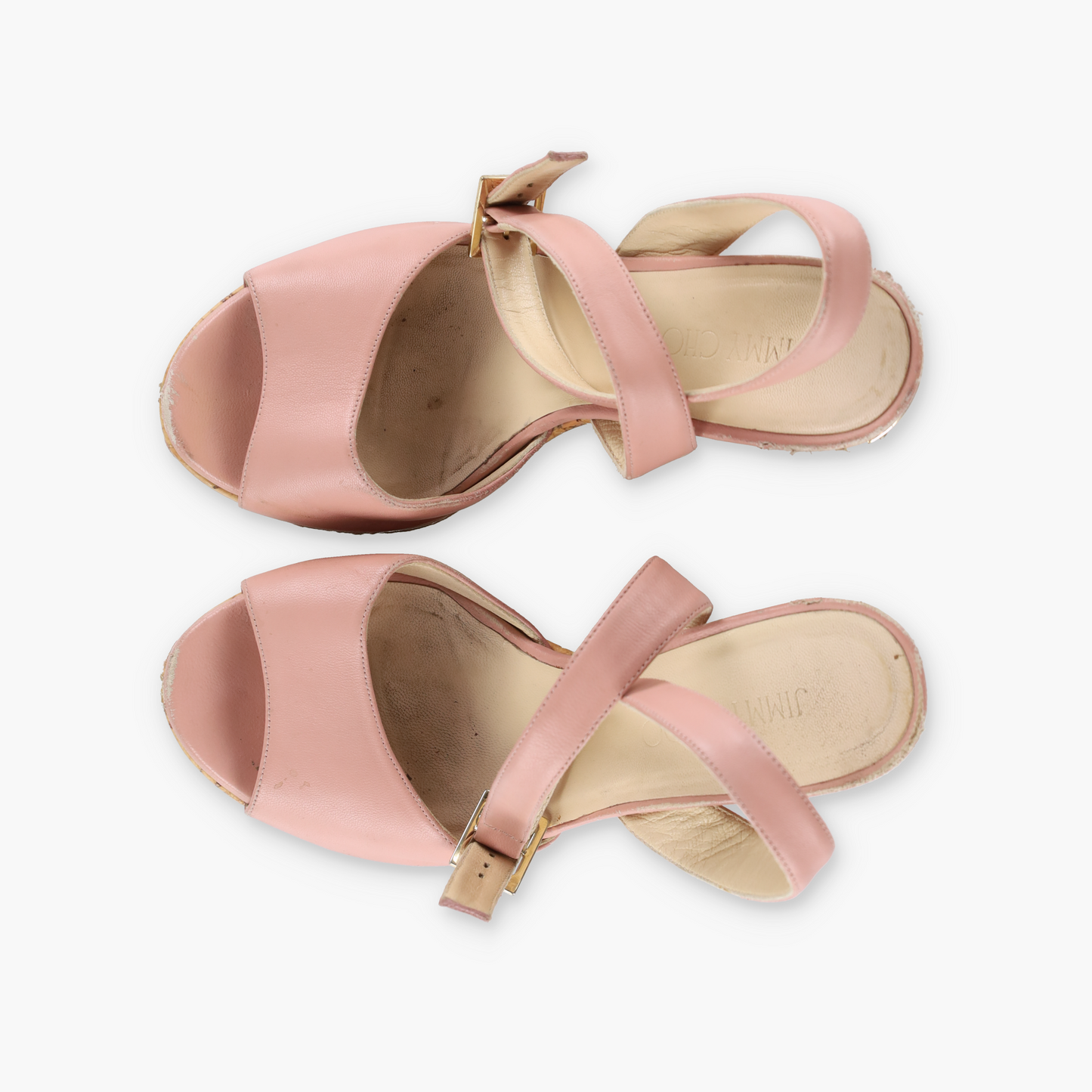 JIMMY CHOO Blush Pink Floral Design Embroidered Cork Wedge Sandals Spanish Made (38.5)