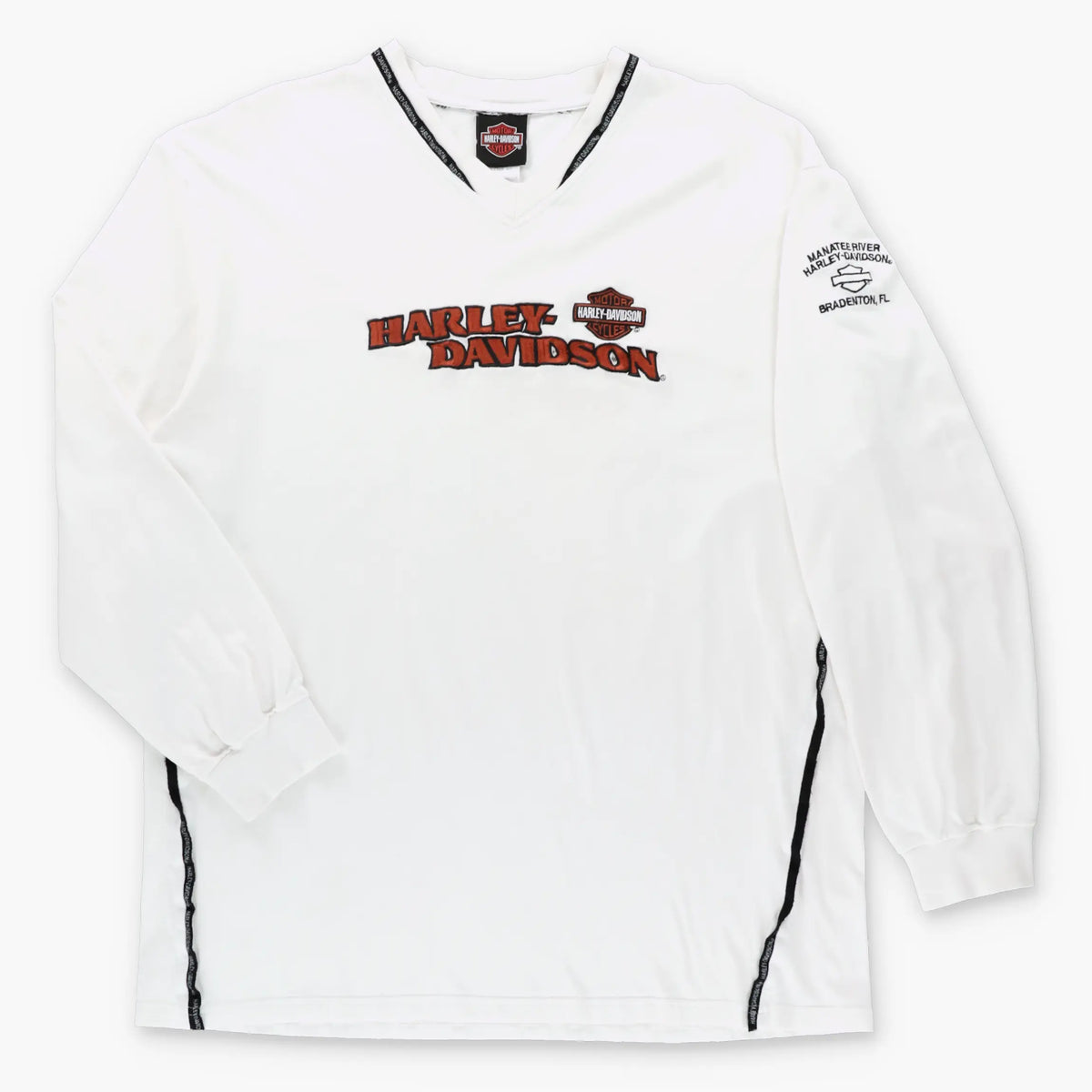 HARLEY DAVIDSON Embroidered Spell Out Logo White V-Neck Long Sleeve T-Shirt (XL TALL) Vintage Sole Melbourne
