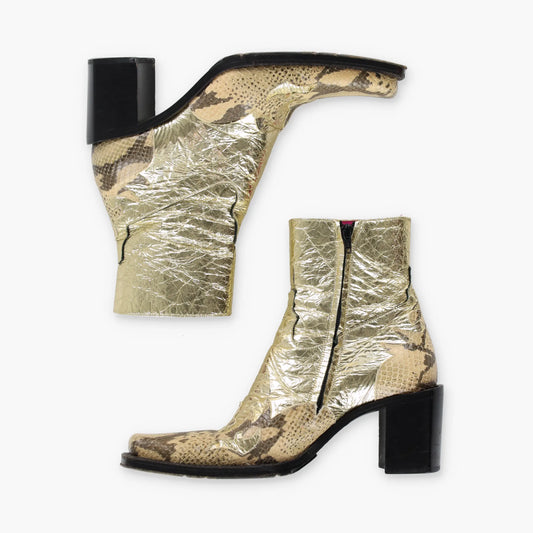 FREE LANCE Gold Foil & Embossed Snake Print Leather Block Heel Cowgirl Boots France Made (38.5)