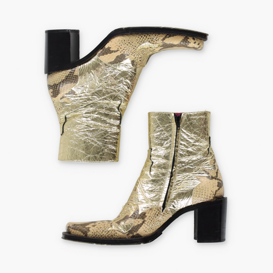 FREE LANCE Gold Foil & Embossed Snake Print Leather Block Heel Cowgirl Boots France Made (38.5) Vintage Sole Melbourne