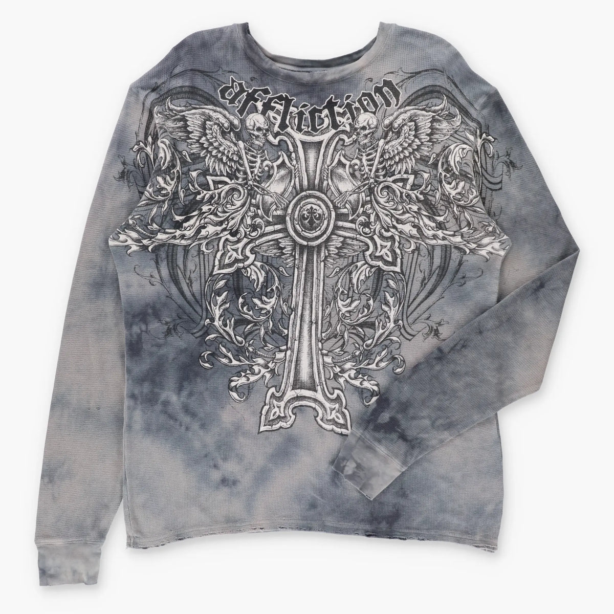 Vintage AFFLICTION Angel Skeletons & Cross Y2K Distressed Long Sleeve Waffle Thermal Tee (XL) Vintage Sole Melbourne