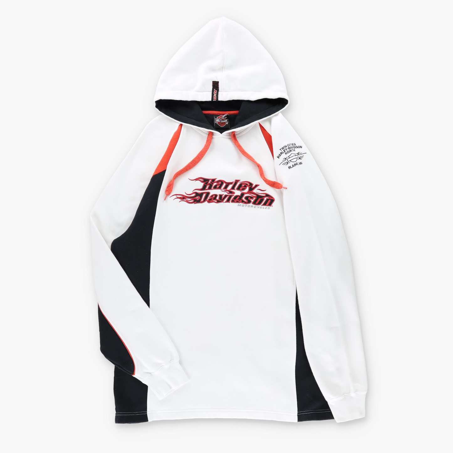 HARLEY DAVIDSON Embroidered "Twin Cities Blaine MN" White & Orange Hoodie Sweatshirt (L TALL)