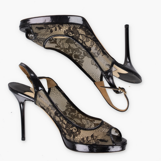 JIMMY CHOO Lace Peep-Toe Italy Made Pump Heels (37)