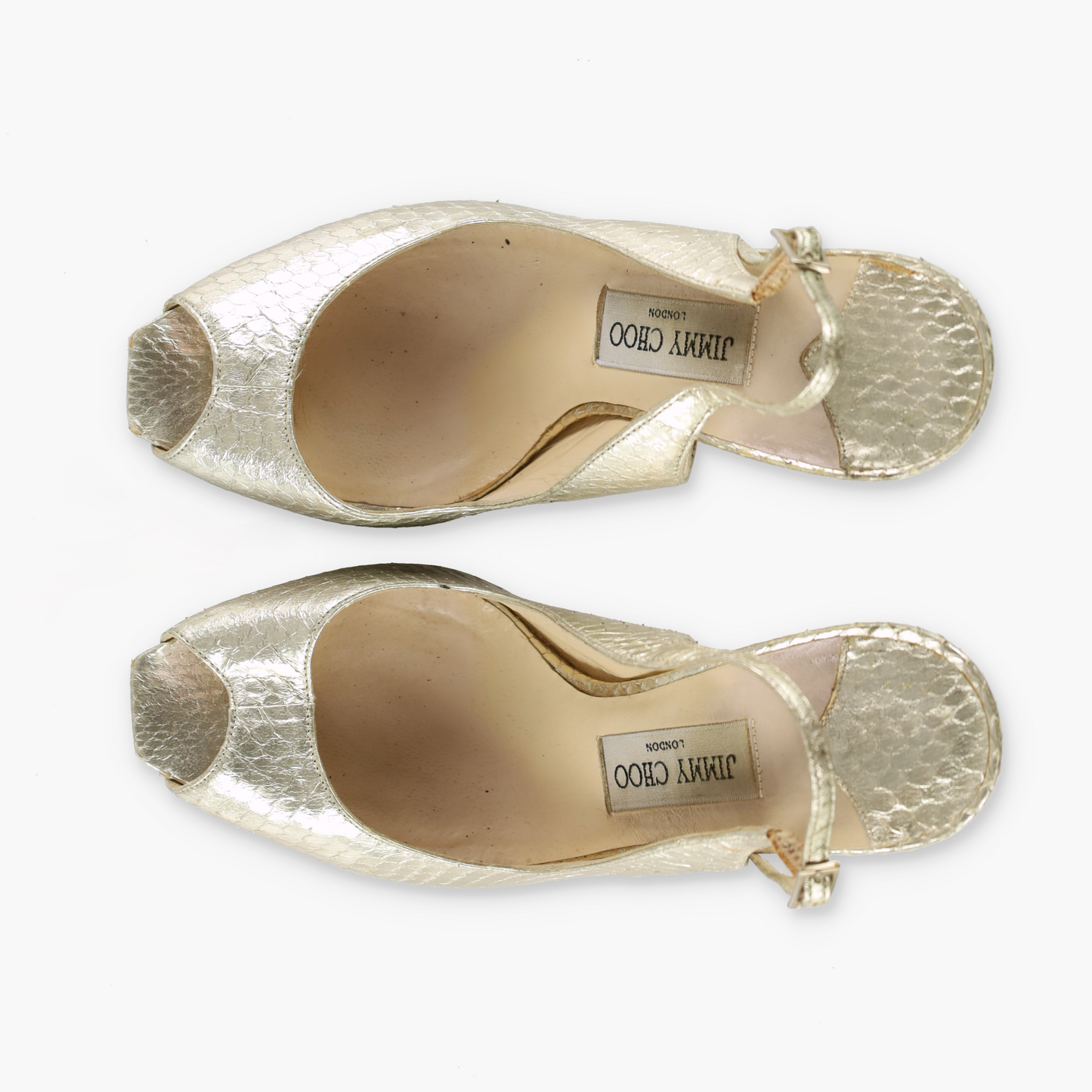 JIMMY CHOO Metallic Gold Snakeskin Peep Toe Slingback Heels Italian Made (37.5)