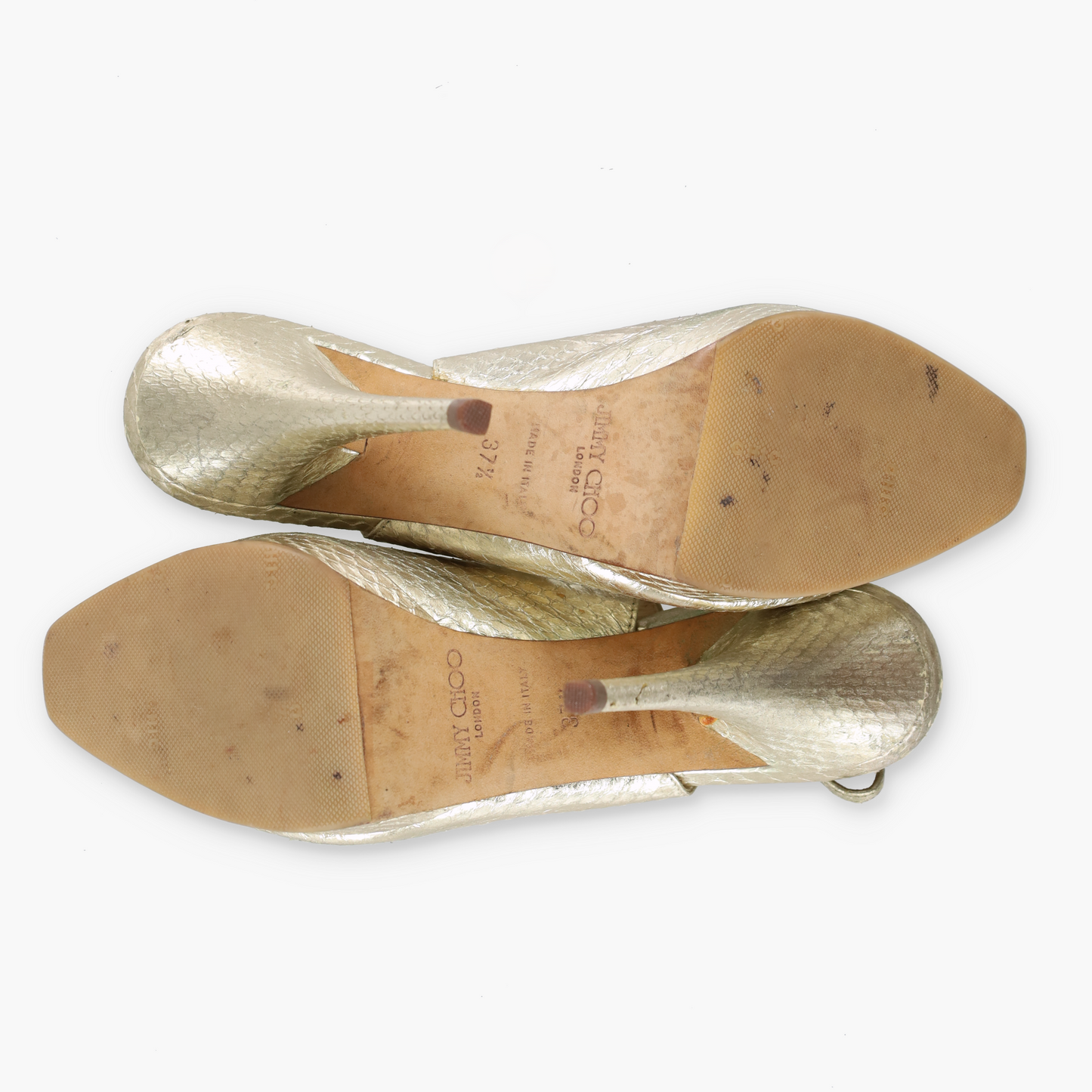 JIMMY CHOO Metallic Gold Snakeskin Peep Toe Slingback Heels Italian Made (37.5)