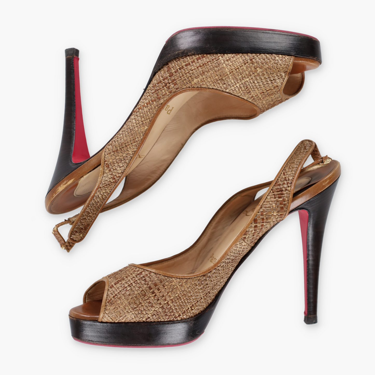 CHRISTIAN LOUBOUTIN Slingback Leather & Raffia Italian Made Peep Toe Heels (38)