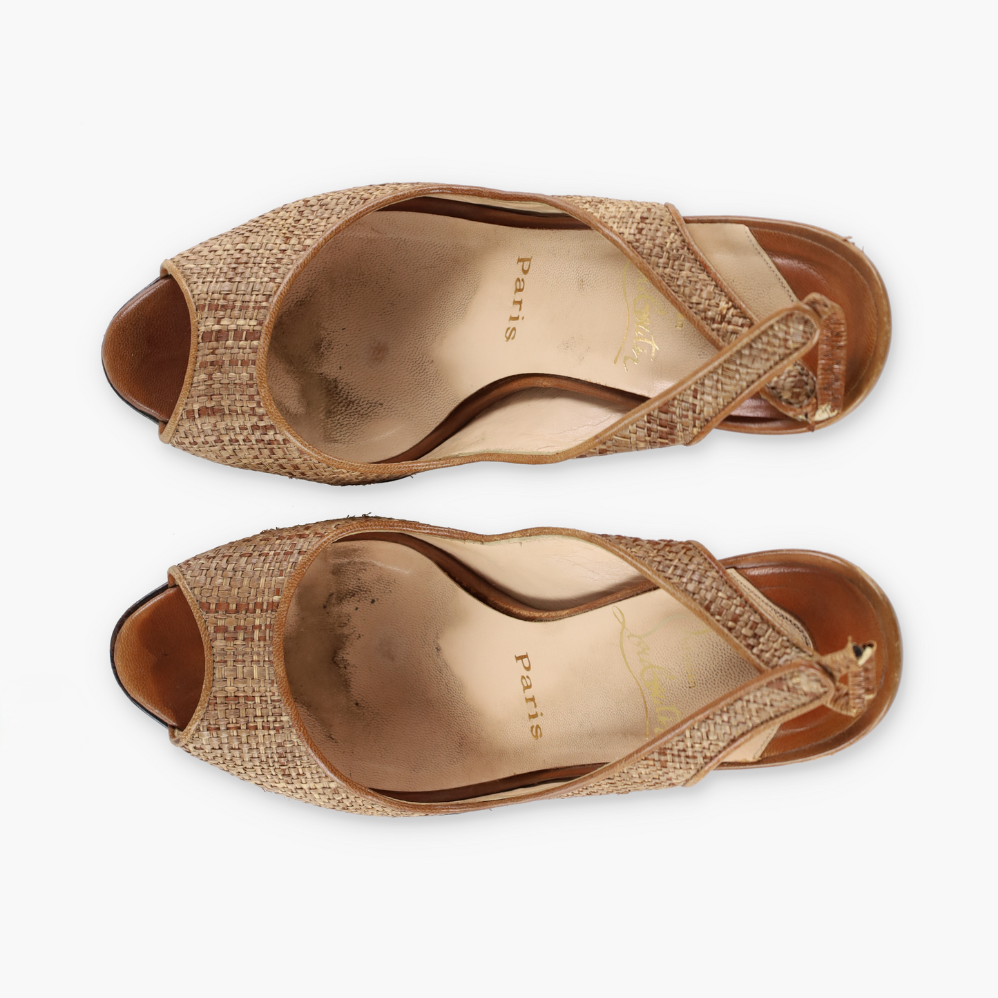 CHRISTIAN LOUBOUTIN Slingback Leather & Raffia Italian Made Peep Toe Heels (38)