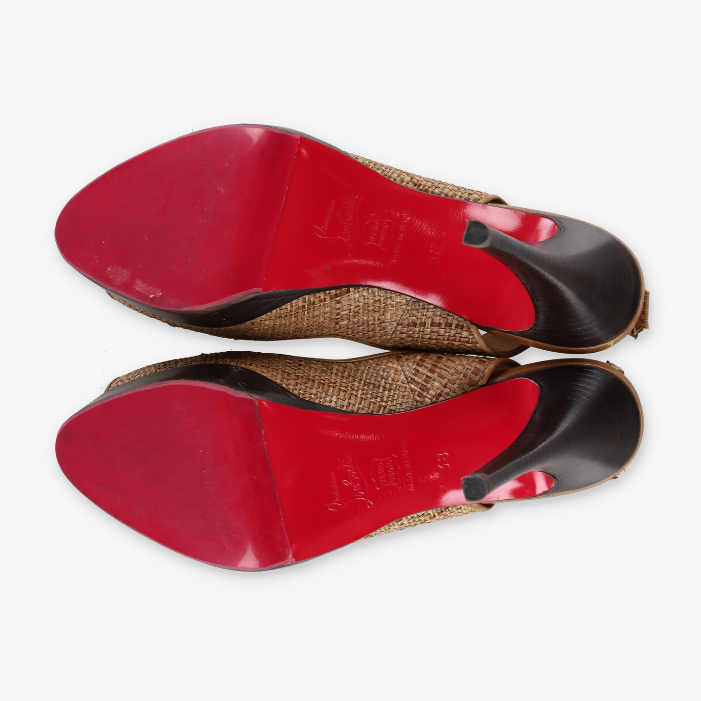 CHRISTIAN LOUBOUTIN Slingback Leather & Raffia Italian Made Peep Toe Heels (38)