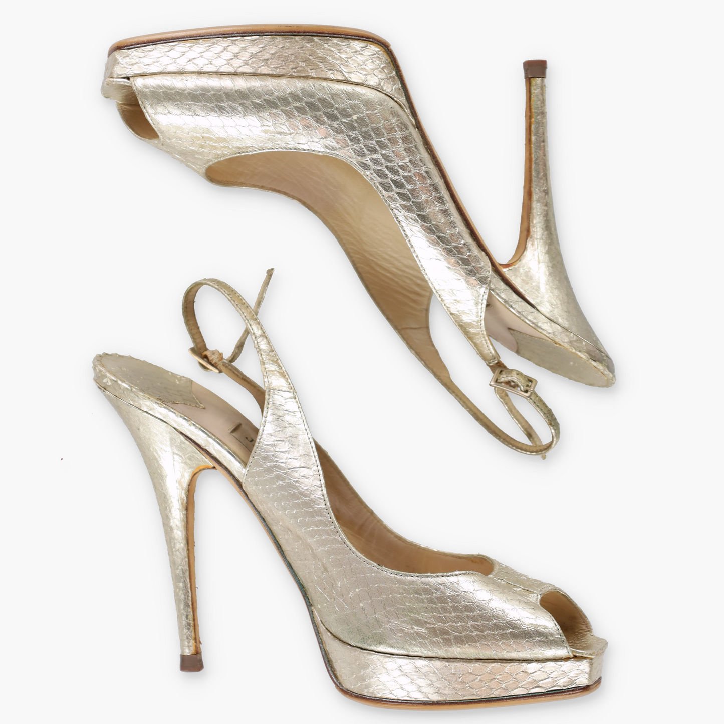JIMMY CHOO Metallic Gold Snakeskin Peep Toe Slingback Heels Italian Made (37.5)