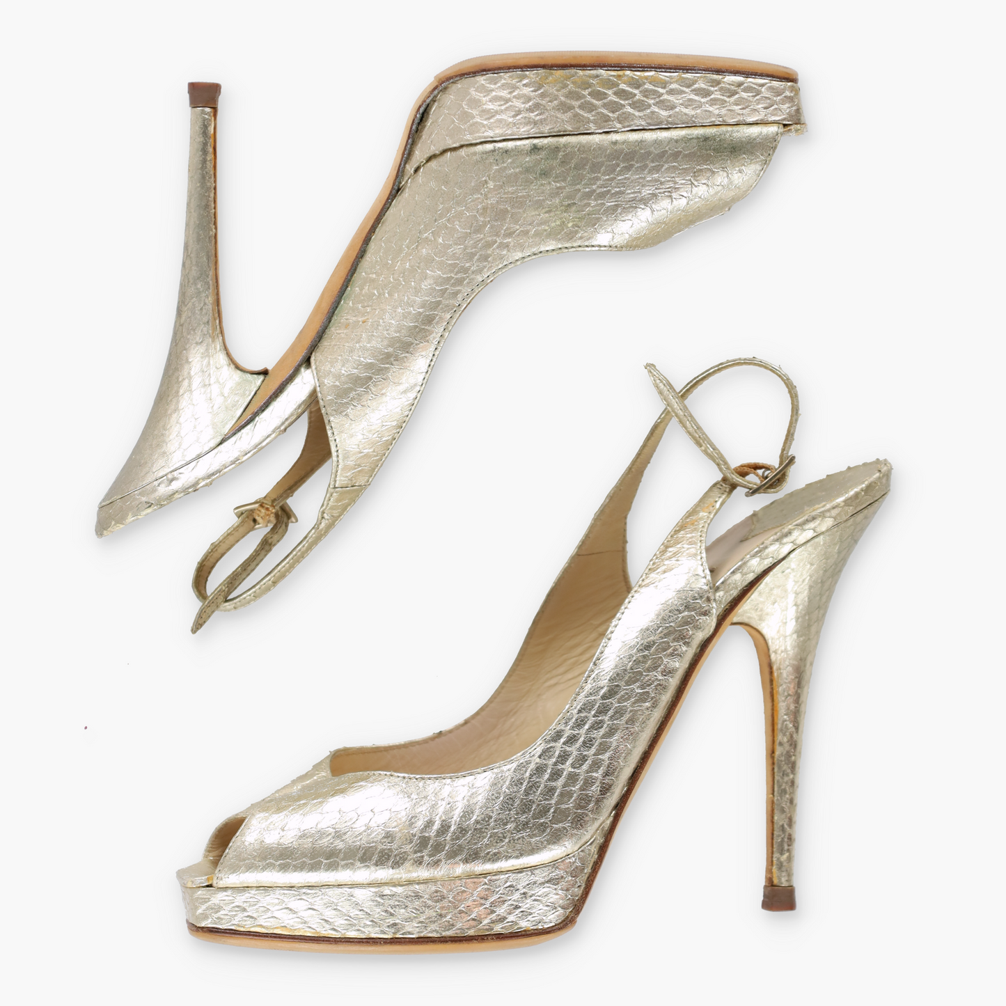 JIMMY CHOO Metallic Gold Snakeskin Peep Toe Slingback Heels Italian Made (37.5)