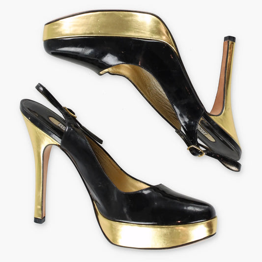 LUCIANO PADOVAN Platform Gold & Black Pump Heels (38.5) *Aubany Vintage Sole Melbourne