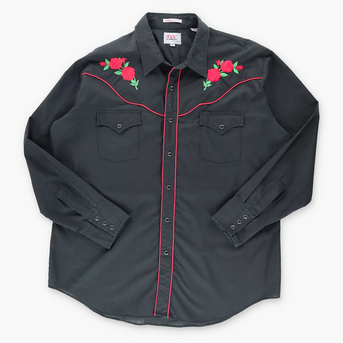Vintage Western ELY DIAMOND Cattleman Snap Floral Embroidered Black & Red Shirt (XL) Vintage Sole Melbourne