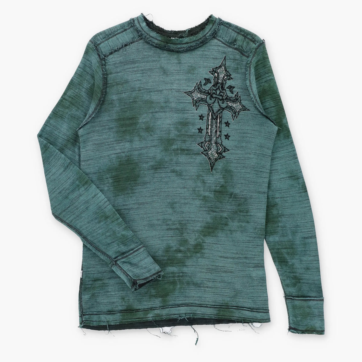 Vintage AFFLICTION Reversible Emerald Green & Black Y2K Velvet Cross Waffle Thermal Long Sleeve Tee (L) Vintage Sole Melbourne