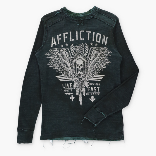 Vintage AFFLICTION Reversible Emerald Green & Black Y2K Velvet Cross Waffle Thermal Long Sleeve Tee (L) Vintage Sole Melbourne