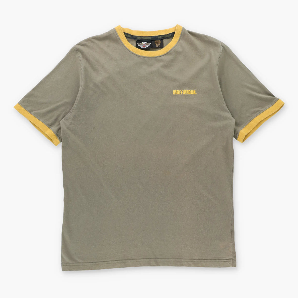 HARLEY DAVIDSON Khaki & Mustard Yellow Embroidered Logo Milwaukee Ringer Tee USA Made (L) Vintage Sole Melbourne