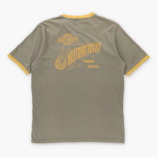 HARLEY DAVIDSON Khaki & Mustard Yellow Embroidered Logo Milwaukee Ringer Tee USA Made (L) Vintage Sole Melbourne