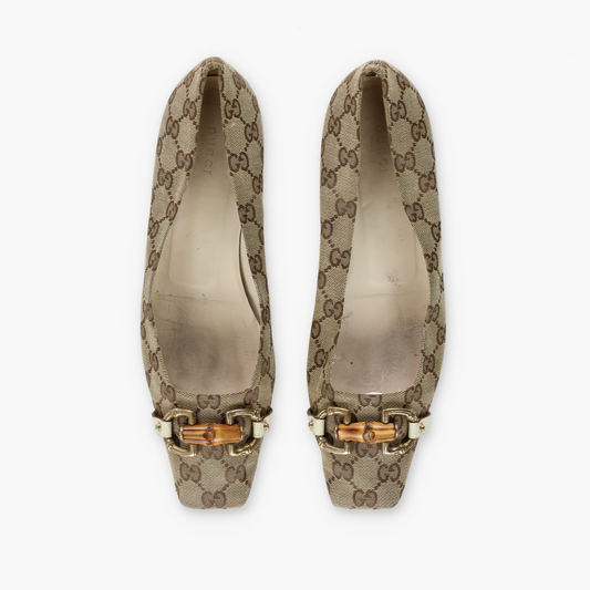 GUCCI 'ITALY Made' Monogram Bamboo Horse-Bit Pointed Toe Flats (40C)