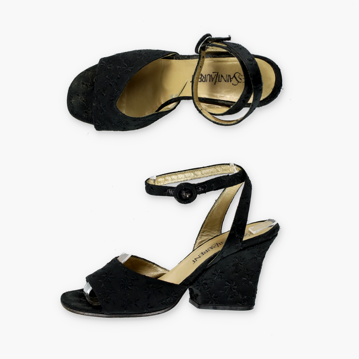 YVES SAINT LAURENT YSL Embroidered Open Toe Strappy Black Wedges Heels (6.5)