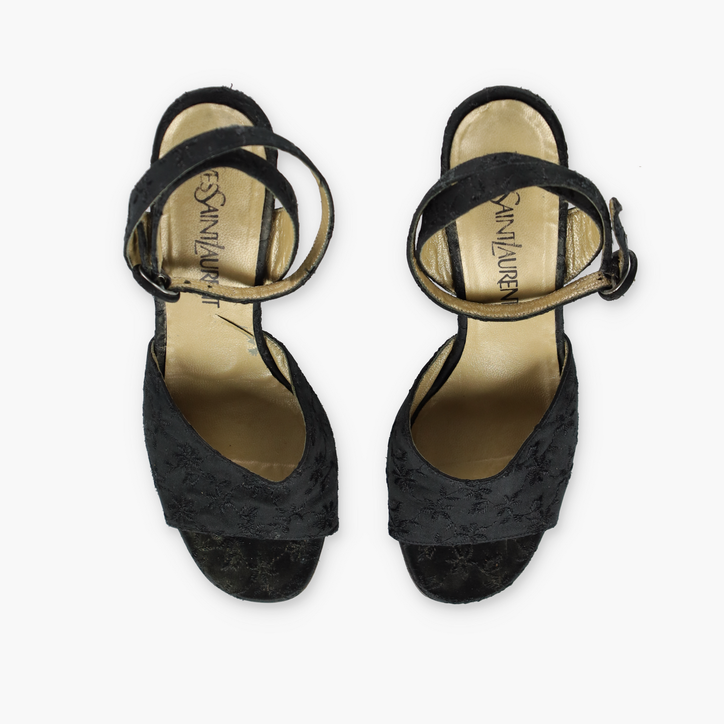 YVES SAINT LAURENT YSL Embroidered Open Toe Strappy Black Wedges Heels (6.5)