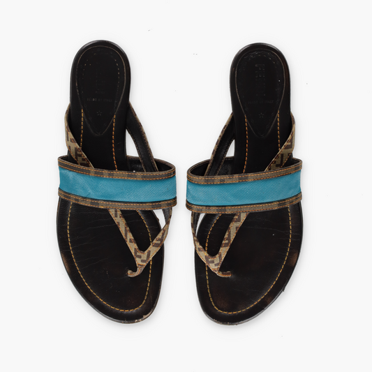 FENDI Italian Made Turquoise & Brown Flat Leather Sandals (39.5)