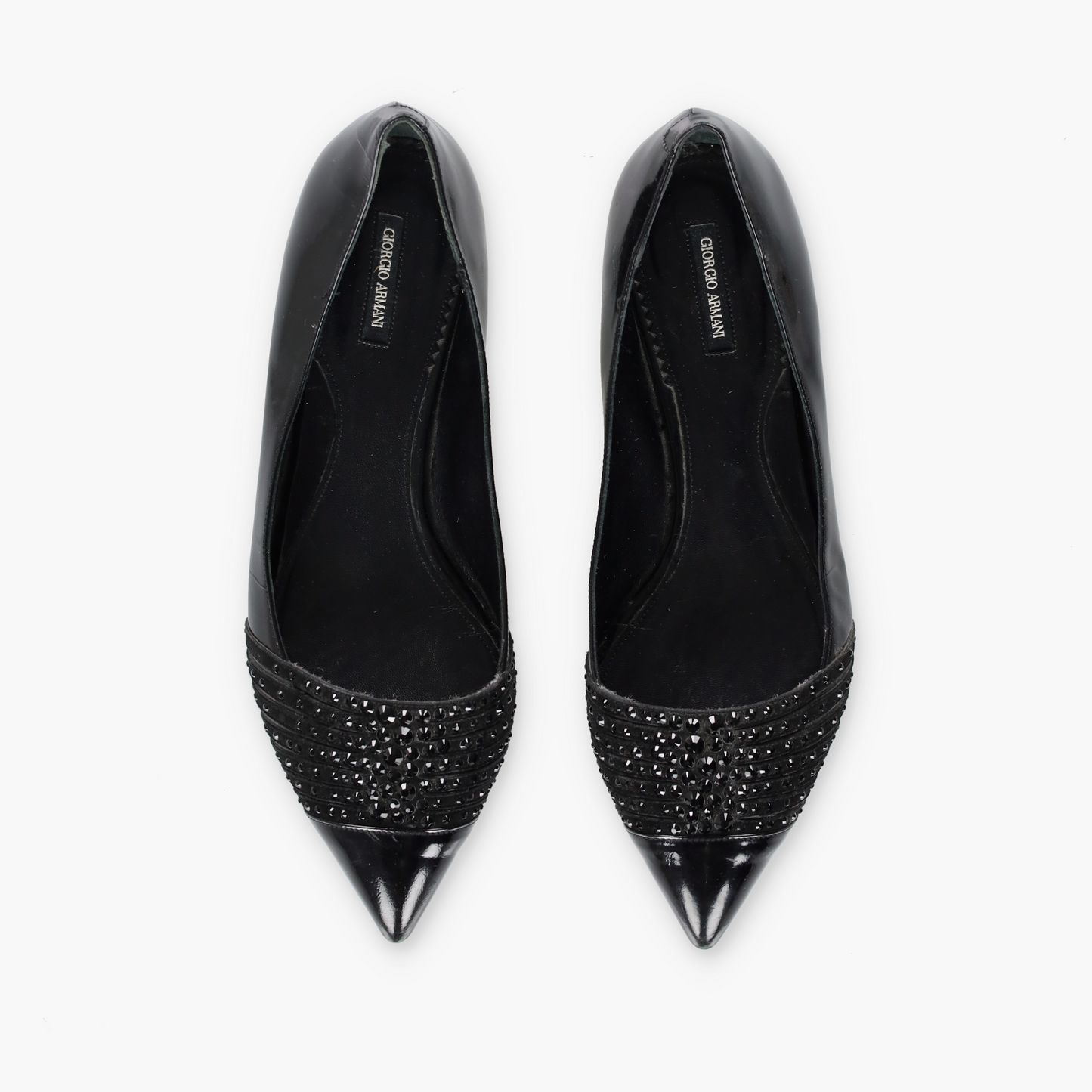 GIORGIO ARMARNI Patent Embellished Italy Made Black Flats (38)