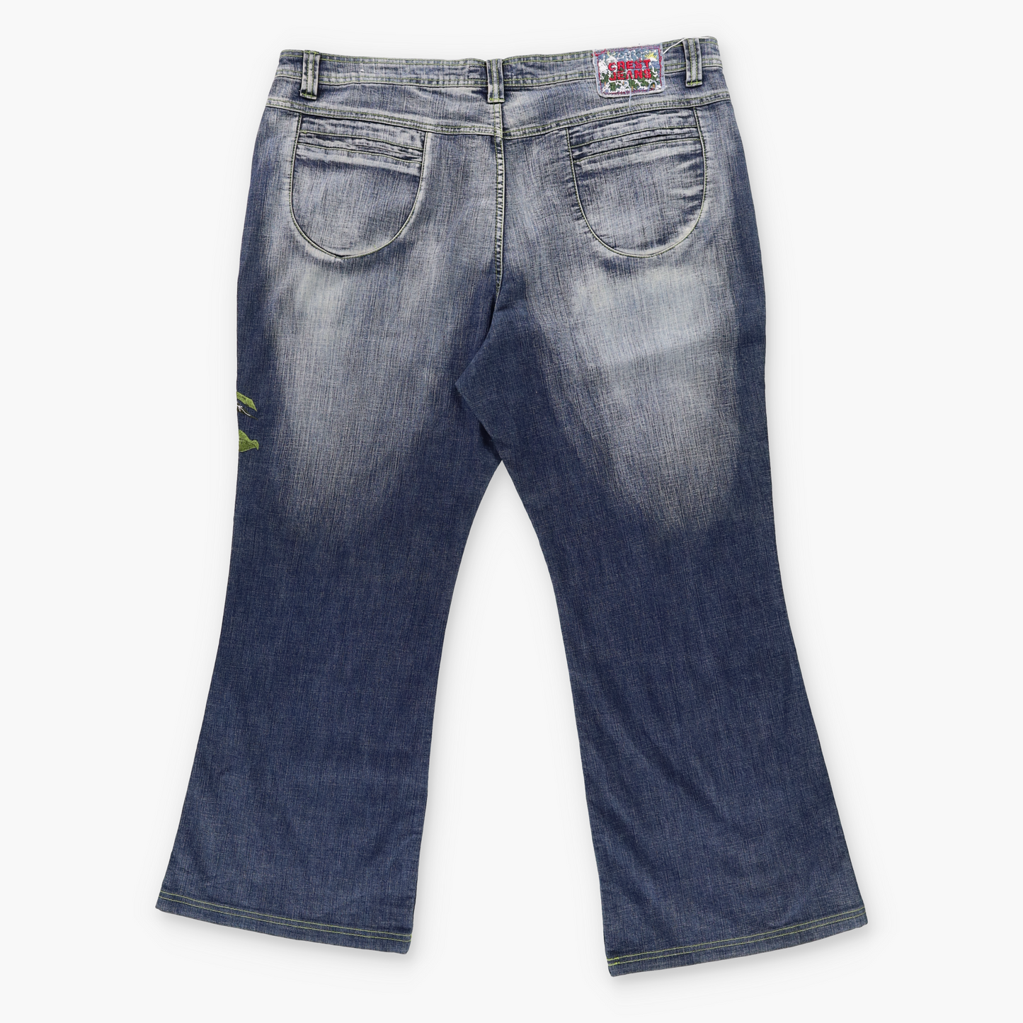CREST JEANS Embroidered Bird Green Stitch Blue Faded Jeans (Unisex XXXL)