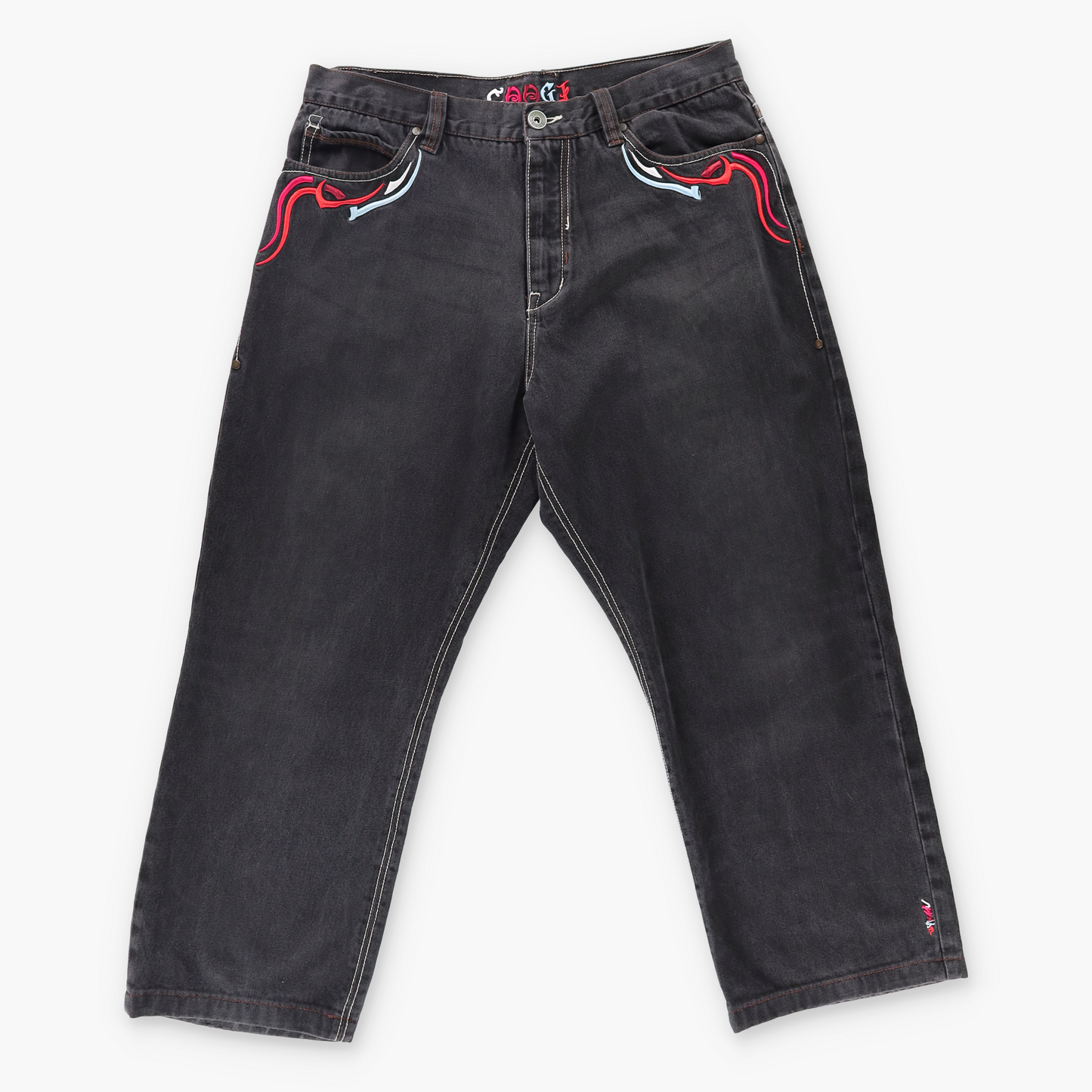 COOGI Y2K Embroidered Pocket Black & Red Denim Jeans (38x34)