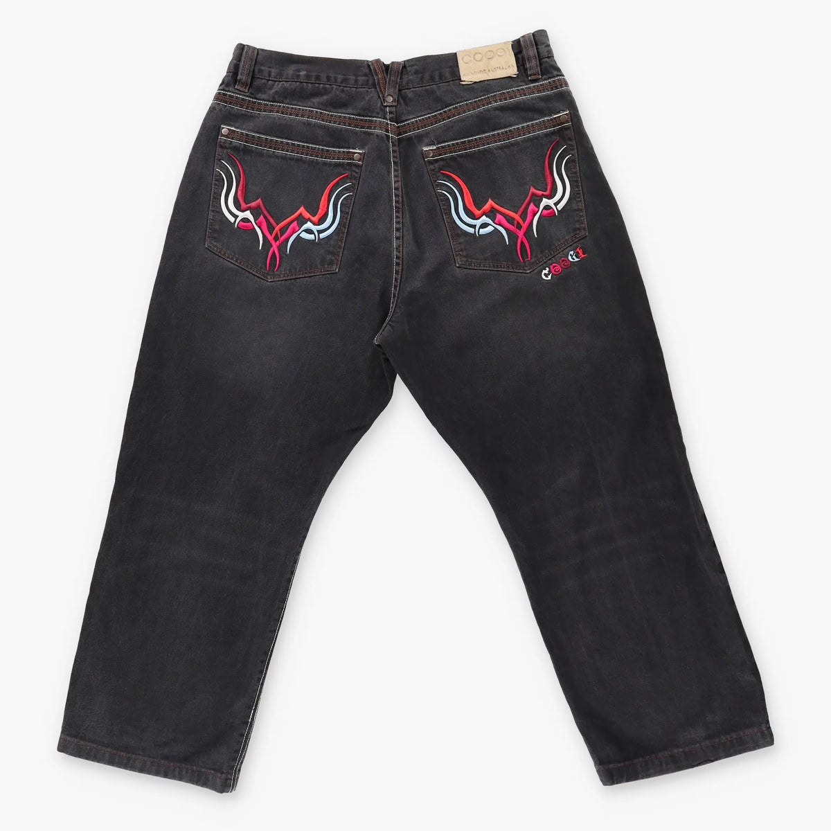 COOGI Y2K Embroidered Pocket Black & Red Denim Jeans (38x34) Vintage Sole Melbourne
